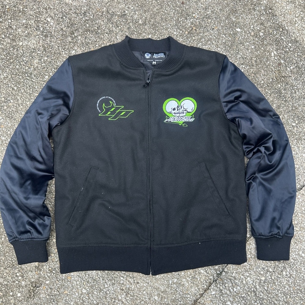 Broken Promises Mens Black Bomber Jacket Skull Heart Embroidery Size Medium
